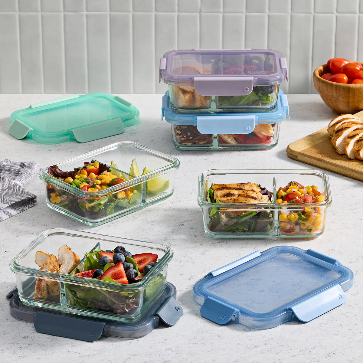 Ello Colour Lock Divided Glass Meal Prep Set, 10-pieces