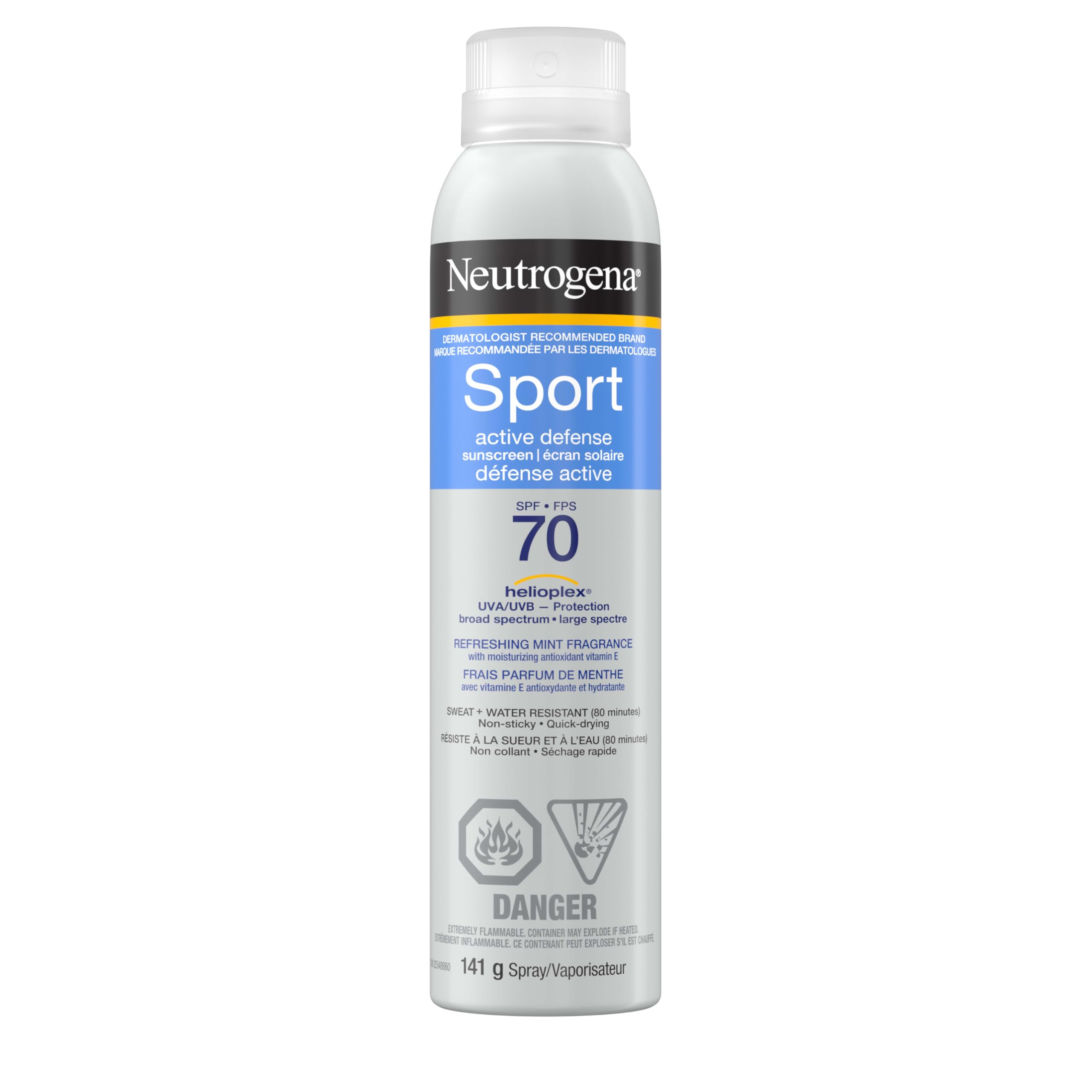 Neutrogena Sport Active Defense SPF 70 Sunscreen Spray, Sweat & Water Resistant Spray Sunscreen with Broad Spectrum UVA/UVB Sun Protection for Sunburn Prevention, Oxybenzone-Free, 141g